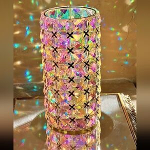 Iridescent Illuminated Faceted Glass Hurricane Gold Plated 7.5in